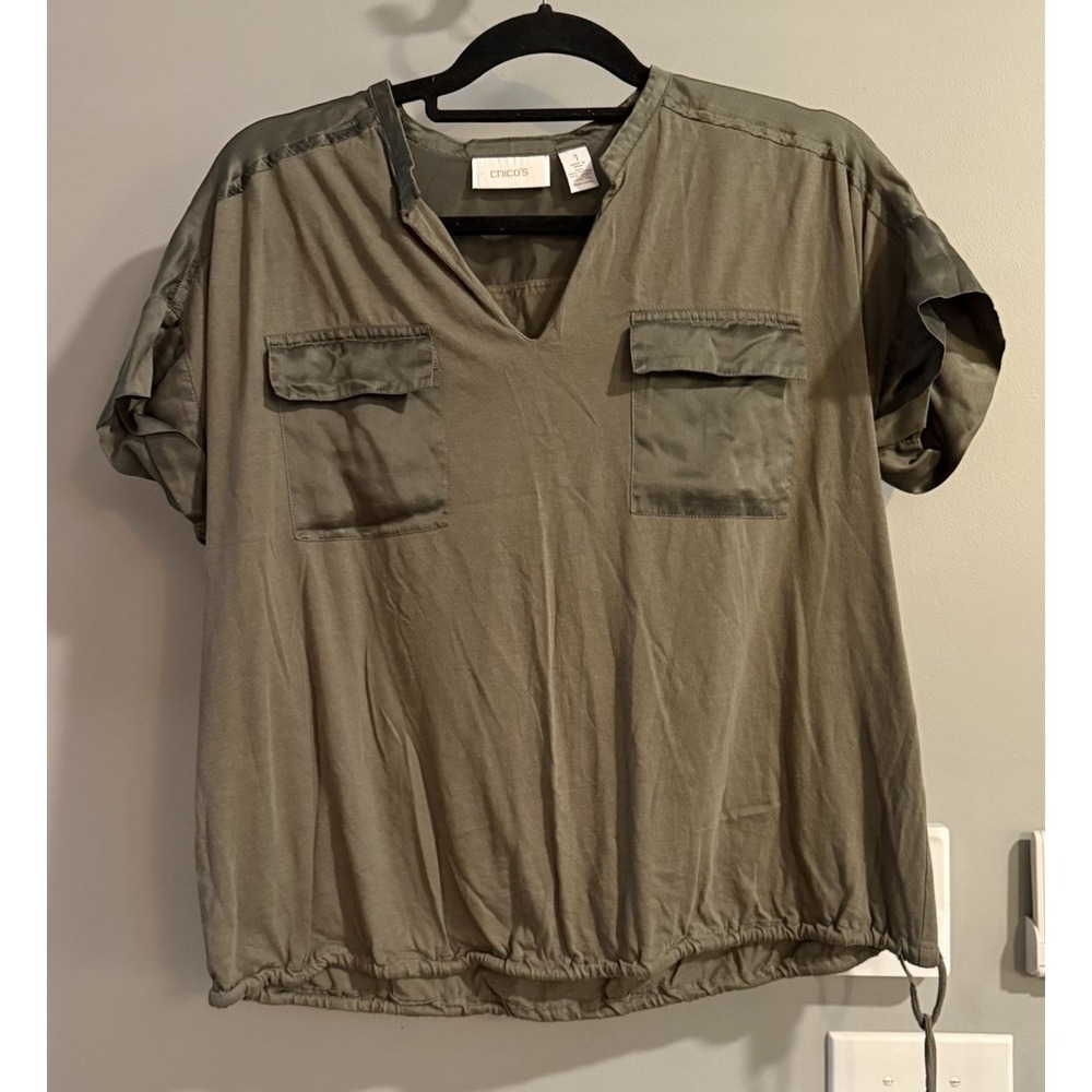 Chicos Top Silk Cotton Modal Short Sleeve V Neck‎ Boho Peasant Size 1